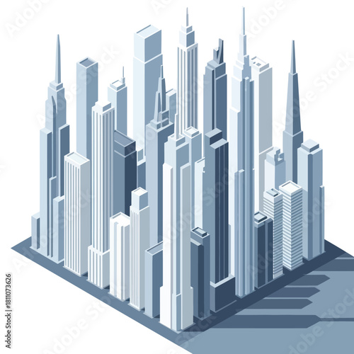 Isometric view of a modern city skyline with tall skyscrapers and buildings.