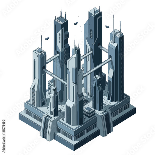 Futuristic Isometric Cityscape with Modern Skyscrapers and Interconnected Structures.