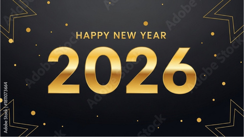 Sparkling gold Happy New Year 2026 celebration banner design with festive starry backdrop and elegant typography