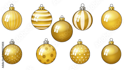 Golden Christmas ornaments with festive patterns for holiday decoration