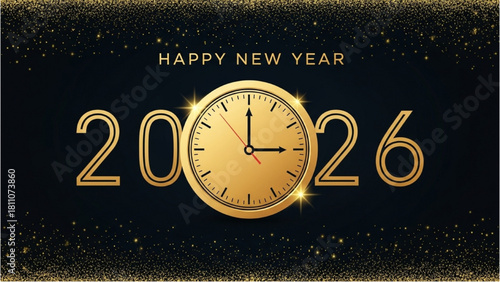 Happy New Year 2026 Celebration with Golden Clock and Glittering Background