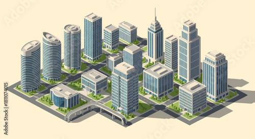 Modern Cityscape with Diverse Skyscrapers and Buildings.