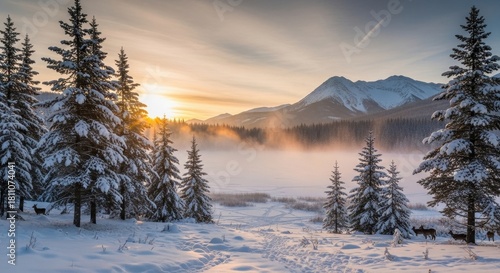 Serene winter landscape at sunrise with snow-covered pines mountains and grazing deer creating a