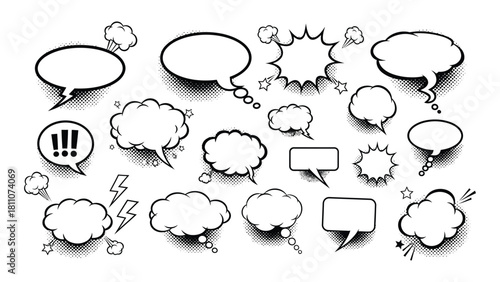 Collection of hand drawn comic book style speech and thought bubbles