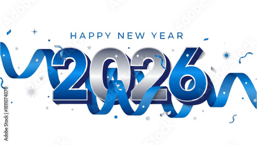 Happy New Year 2026 Greeting with Blue Ribbons and Confetti