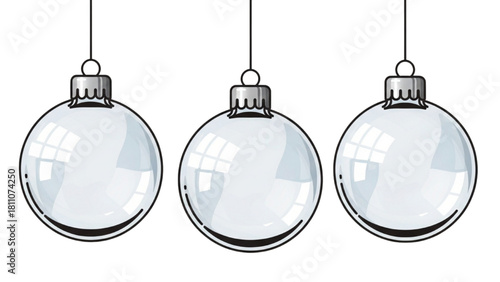 Three clear glass Christmas ornaments hanging on a white background