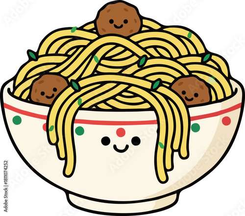 Whimsical pasta bowl with happy meatballs, a delightful culinary creation perfect for children's menus, food blogs, and playful designs, sure to bring smiles