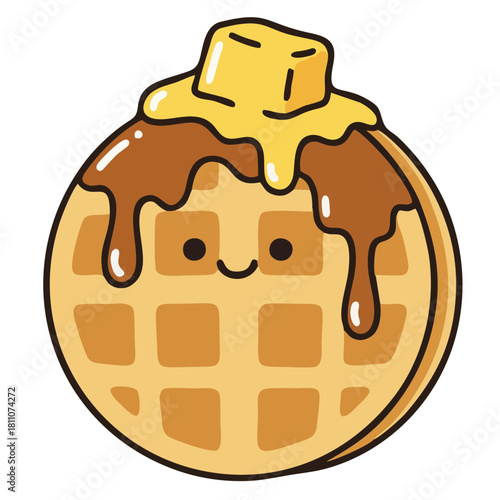 Adorable waffle character with melting butter and syrup, bringing a smile to breakfast time, perfect for kids' menus and fun food promotions!