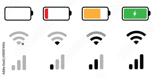 Smartphone status bar battery wifi signal icons vector illustration, Mobile phone 5g network and battery status icons