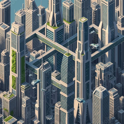 Futuristic Cityscape with Elevated Structures and Modern Architecture.