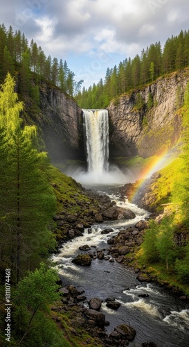 Majestic waterfall cascading amidst verdant forest with subtle rainbow glistening serene beauty