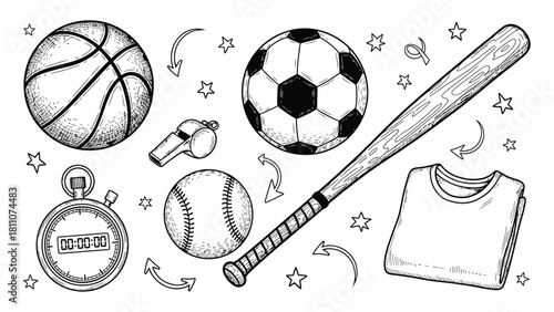 Vintage sketch of basketball soccer baseball bat whistle and jersey for sports enthusiasts