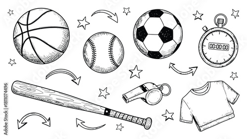 Hand drawn sports equipment and accessories collection with whistle and stopwatch