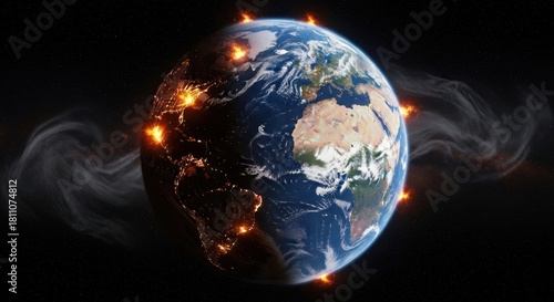 Simulated earth in distress global crisis with visible destruction and ominous smoke