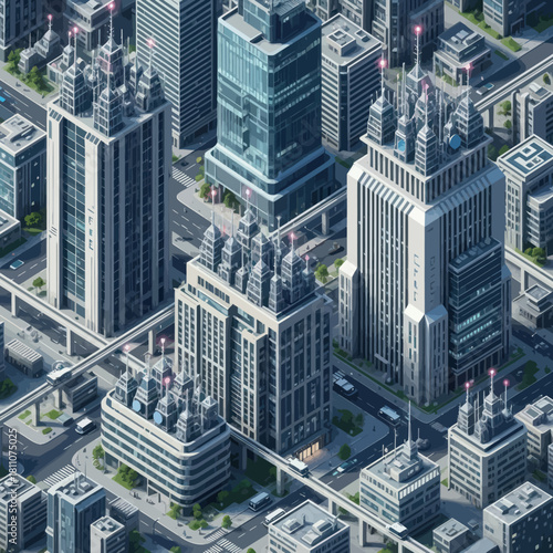 High-angle isometric view of a modern city with towering skyscrapers and intricate road networks.