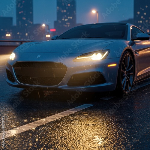 Sleek automobile cruises through nocturnal cityscape bathed in urban illumination