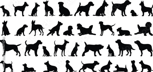 Dog silhouette collection, black breed vector grid, pet animal poses, canine icon set, posture illustration bundle