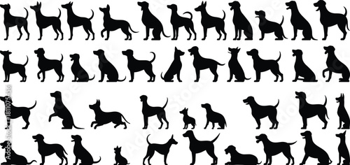 Dog silhouette grid, black breed vector set, pet animal poses, canine icon collection, posture illustration bundle