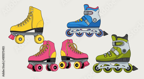 Flat Vector Colorful Roller Skates and Blades Set - Retro Sports Icons