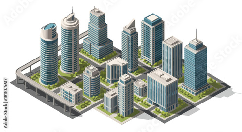 Isometric city buildings urban landscape with modern architecture and design.
