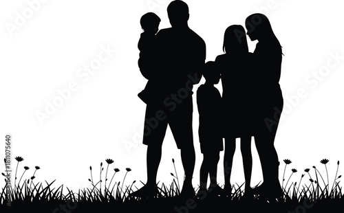 Family silhouette in nature, black vector scene, grassy field with flowers, togetherness design, outdoor lifestyle illustration bundle