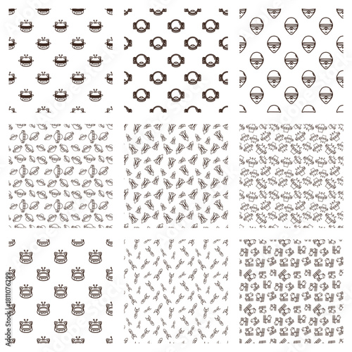 Line Pattern of a bundle of space collection with item of cat alien, astronaut, alien, ufo, rocket and satellite in cartoon doodle style