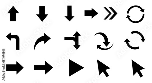 Set of essential black arrow symbols and icons for navigation, direction, and user interface design, isolated on a white background