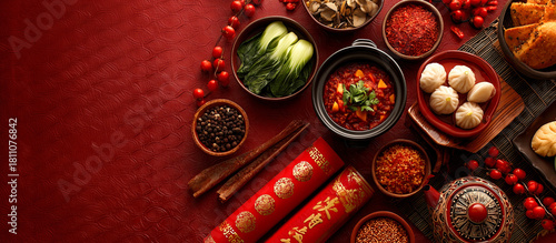 Spicy hotpot dumpling bok choy chili pepper cinnamon sesame tea lantern red background with festive Chinese New Year dinner spreads joy and tradition around family reunion table