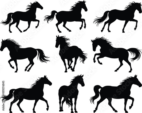 Horse silhouettes, black equine poses, galloping horse vector, animal motion icons, trotting illustration set, graceful horse movement design
