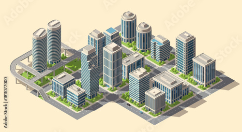 Isometric city buildings urban landscape with roads and infrastructure.