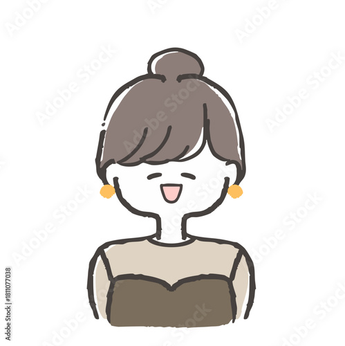 ぱっつんお団子の笑顔が可愛い若い女性の単体イラスト