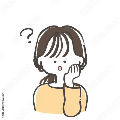 頬に手を添え疑問符を浮かべる若い女性のベクターイラスト