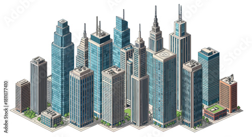 Modern Cityscape with Diverse Skyscrapers and Buildings.