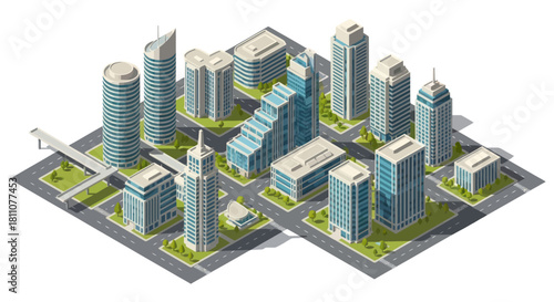 Isometric city view showcasing modern architecture and urban development.