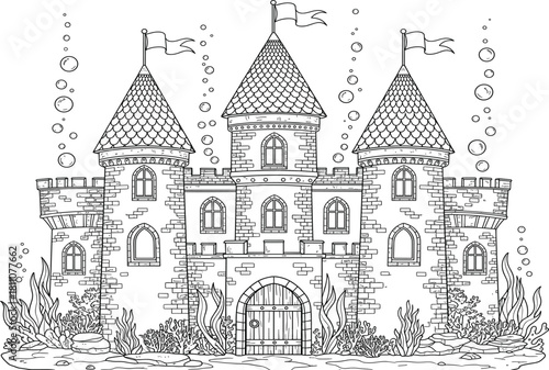 Detailed medieval castle underwater, sunken fortress, fantasy fairy tale background, isolated black and white outline vector