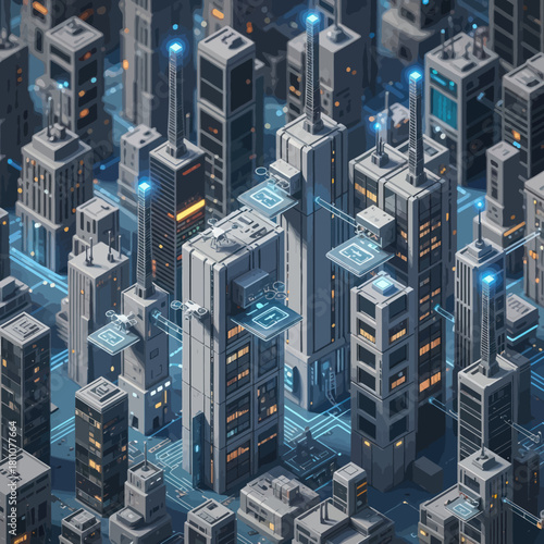 Futuristic Cityscape with Digital Connections and Glowing Lights.