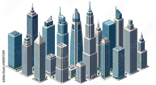 Isometric view of a modern city with numerous tall skyscrapers and office buildings.