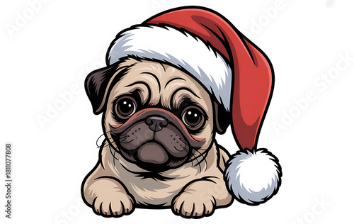 Pug dog wearing a red hat and a red bow