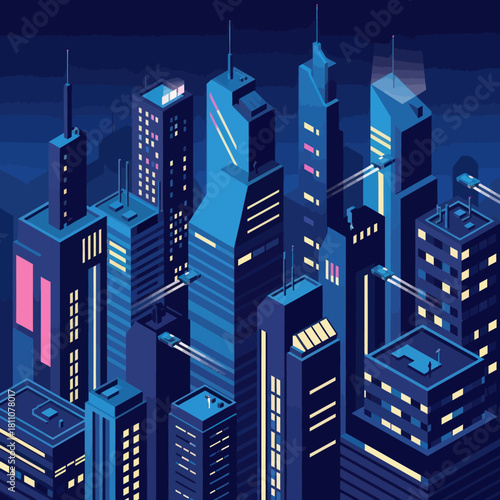 Futuristic city skyline at night with glowing lights and modern architecture.