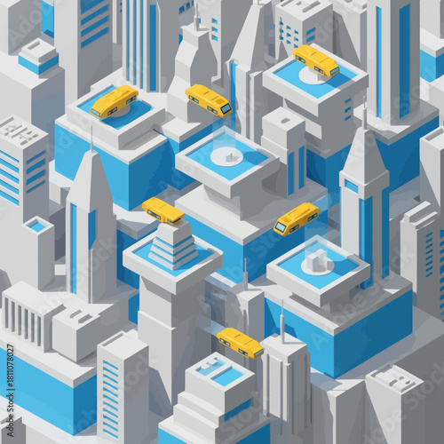 Futuristic Cityscape with Flying Vehicles - A Low-Poly Isometric View.