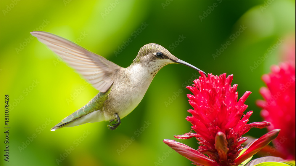 Fototapeta premium hummingbird. A hummingbird hovers near a red flower, its wings moving fast against a green background. wildlife magazines, conservation campaigns, designed for nature documentaries and education.