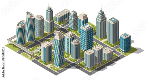 Modern Cityscape with Tall Skyscrapers and Urban Infrastructure.