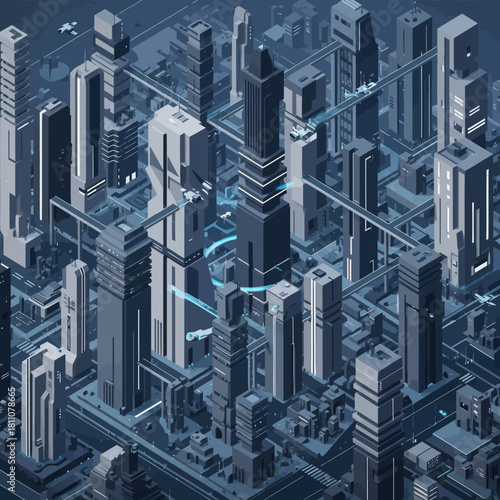 Futuristic Cityscape with Tall Skyscrapers and Advanced Technology.