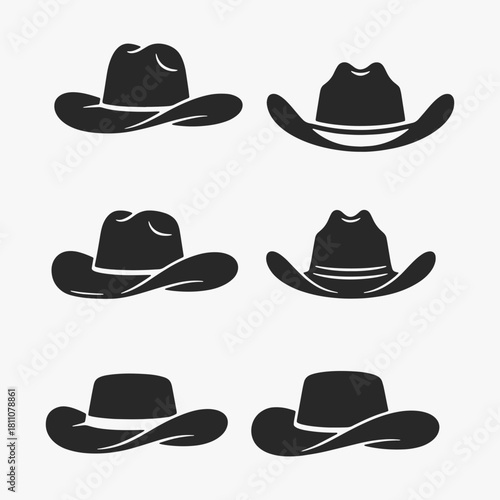 Collection of stylized cowboy hat silhouettes. They are all different sizes and shapes.