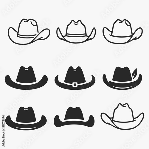 Collection of stylized cowboy hat silhouettes. They are all different sizes and shapes.