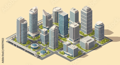 Isometric Cityscape with Modern Skyscrapers and Buildings.