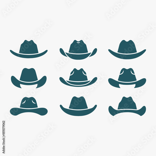 Collection of stylized cowboy hat silhouettes. They are all different sizes and shapes.