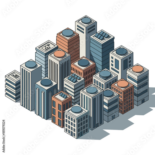 Stylized isometric city block with modern architectural buildings.