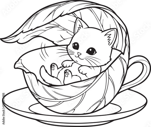 Kitten inside a teacup coloring page