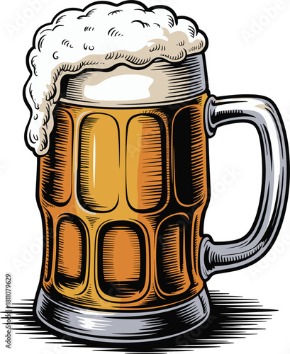 Full beer mug with foam, vintage woodcut engraving style, pub bar celebration drink, isolated vector illustration design